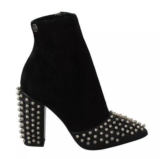 Black Suede Studded Heels Ankle Boots Shoes