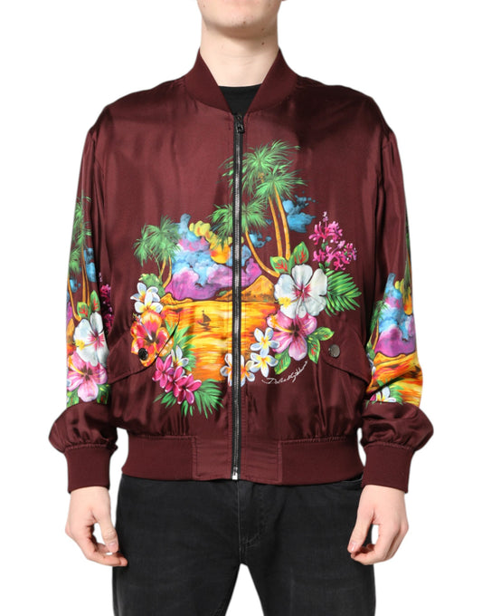 Maroon Floral Print Full Zip Bomber Jacket