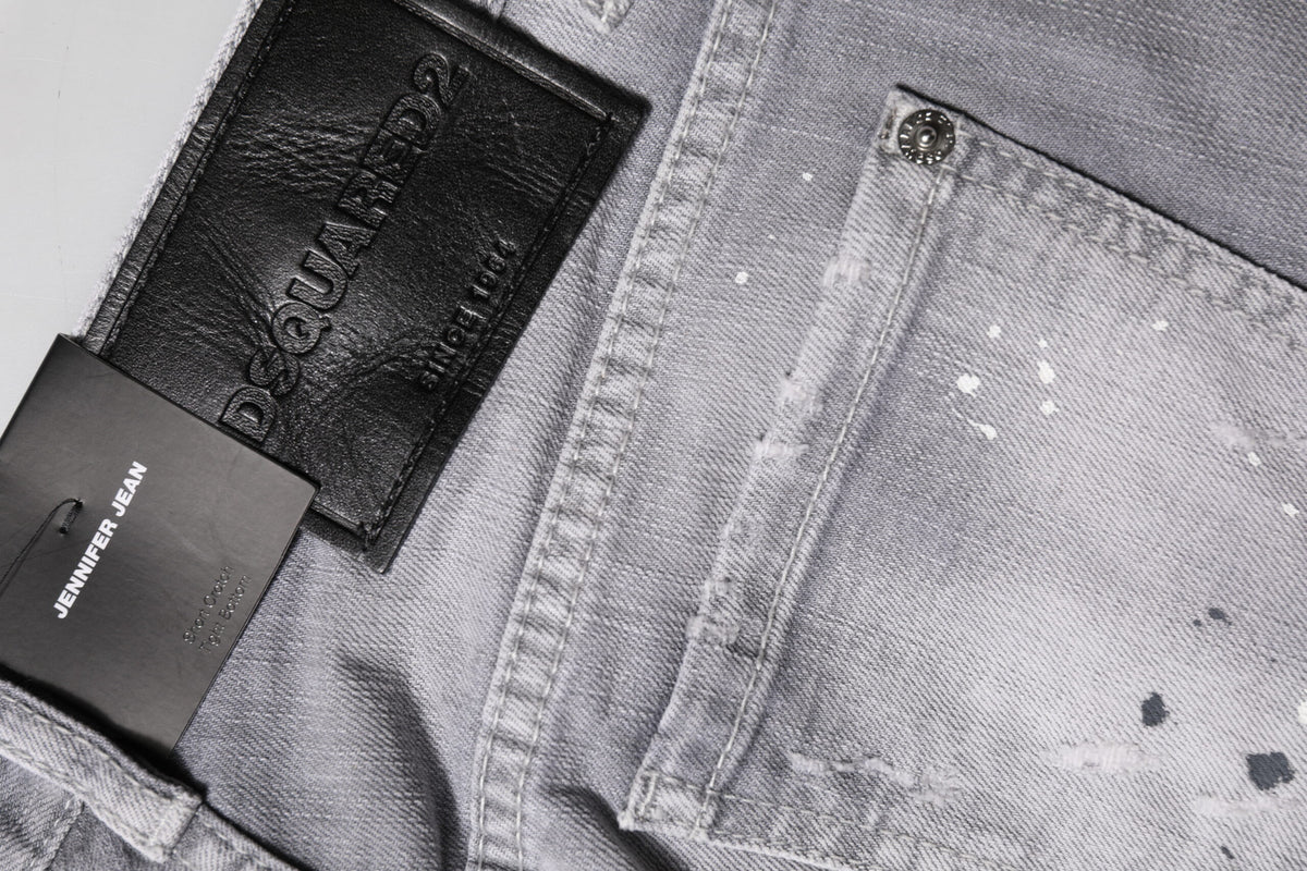 Gray Washed Mid Waist Tapered Denim Jeans