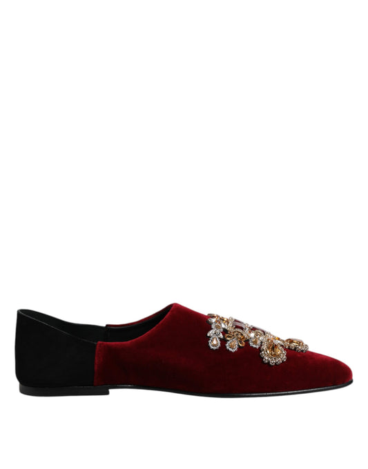 Black Red Velvet Embellished Slip On Shoes