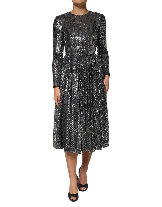 Black Sequined Long Sleeves Midi A-line  Dress