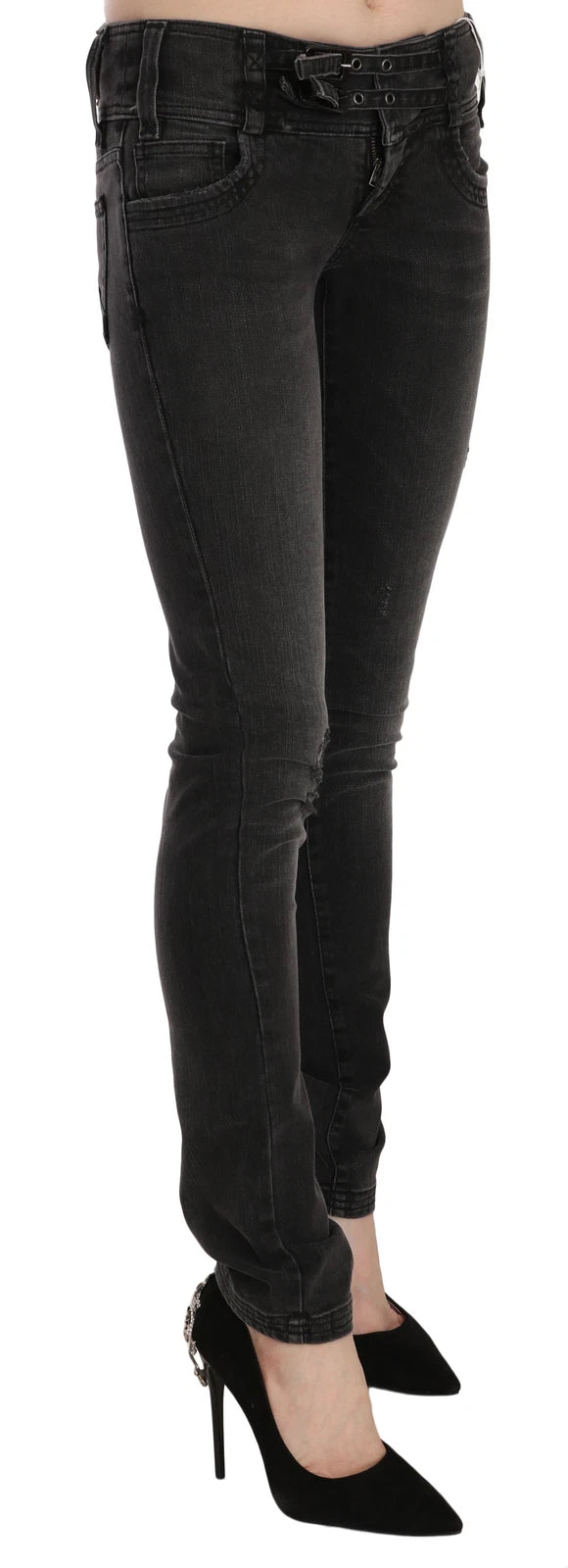 Black Washed Low Waist Slim Fit Skinny Denim Pants Jeans