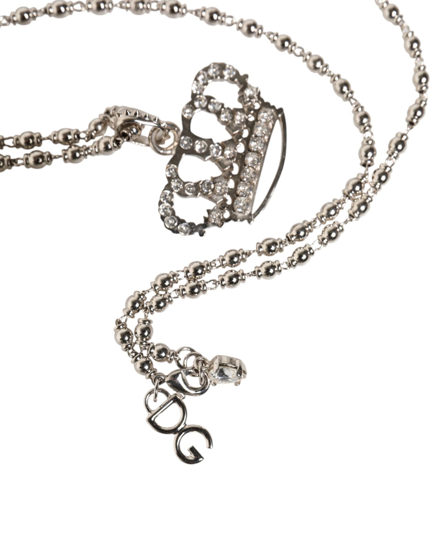 Silver Tone Brass Chain Crown Crystal Pendant Necklace