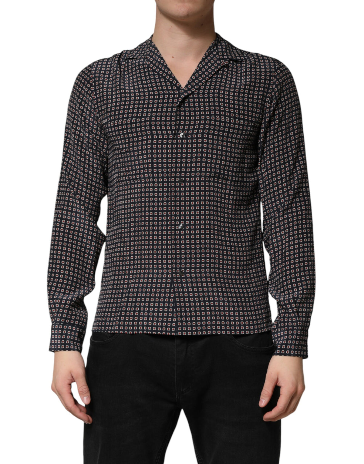 Black Patterned Silk Men Button Down Shirt