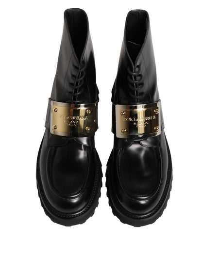 Black Leather DG Plaque Lace Up Boots Shoes