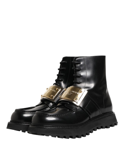 Black Leather DG Plaque Lace Up Boots Shoes