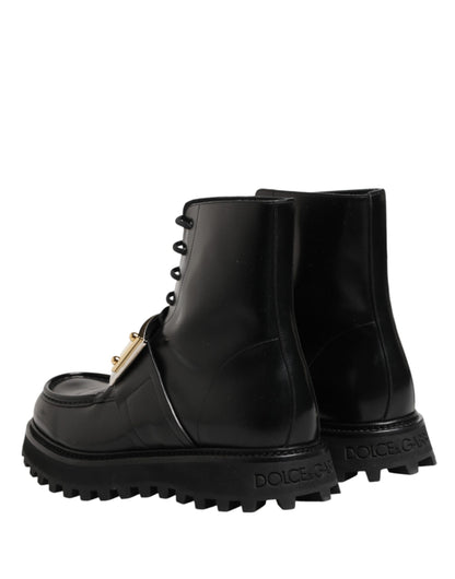 Black Leather DG Plaque Lace Up Boots Shoes