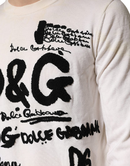 White Virgin Wool Graphic Logo Crewneck Sweater