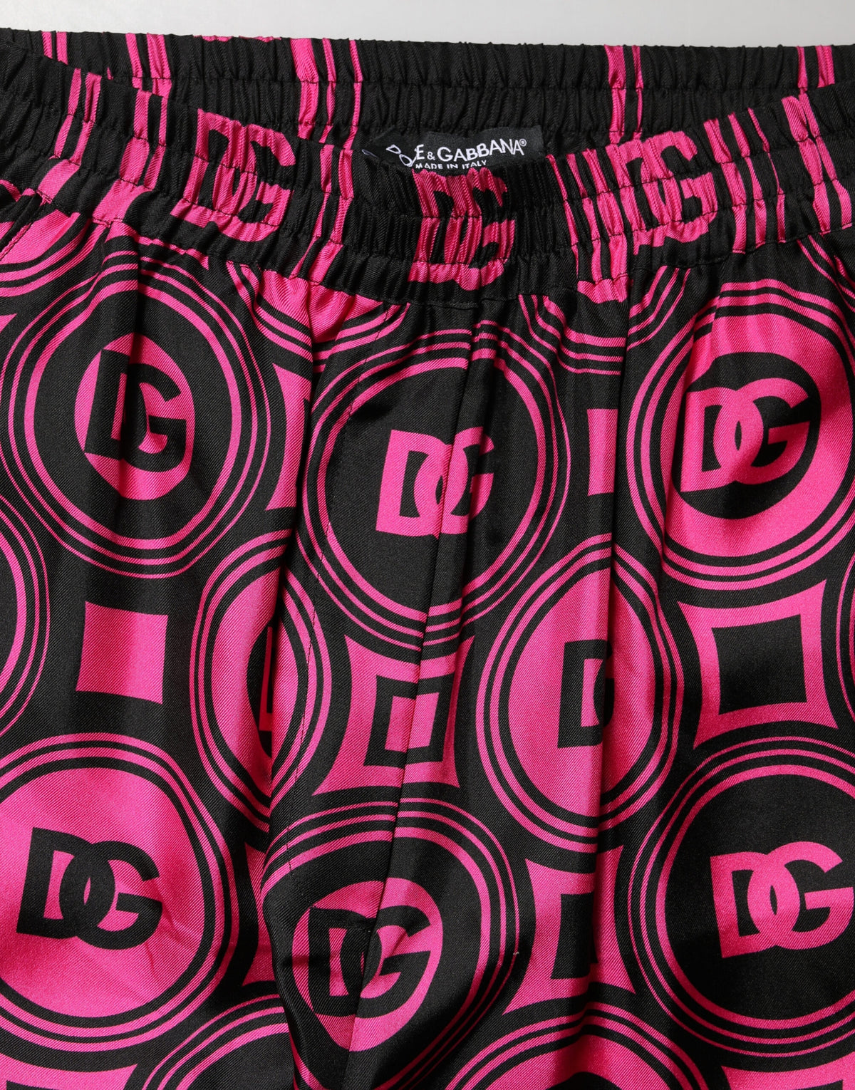 Black Fuchsia Silk Logo Elastic Waist Shorts