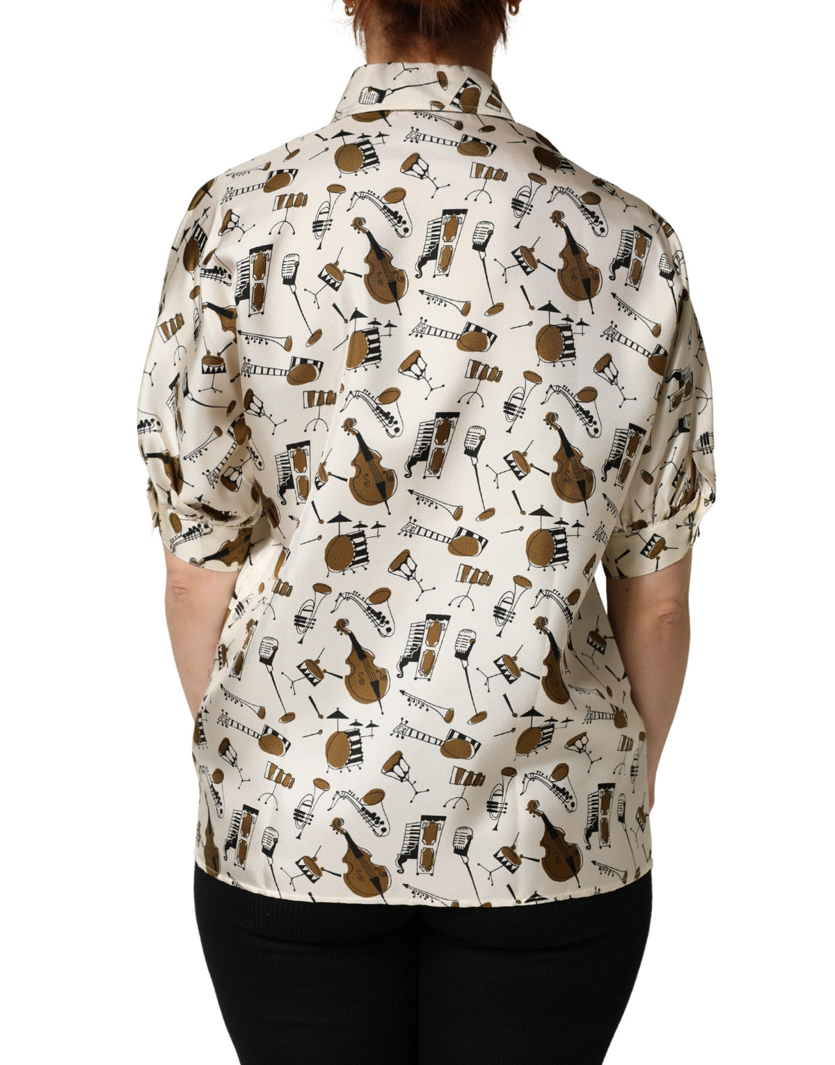 Beige Musical Instrument Print Short Sleeve Top