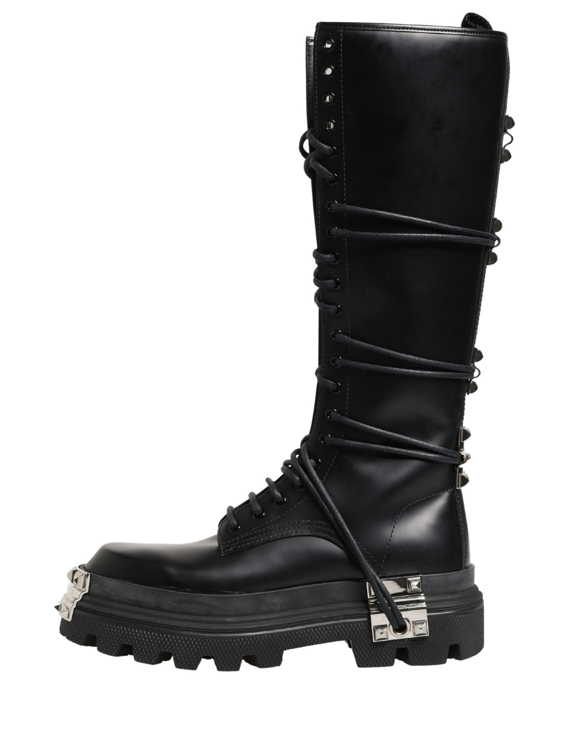 Black Leather Knee High Combat Boots Shoes