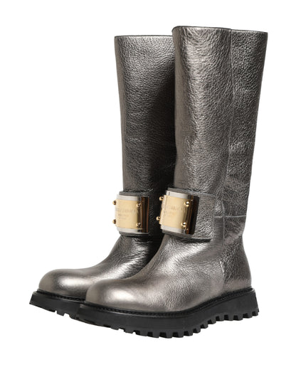 Metallic Silver Leather Mid Calf Boots Shoes