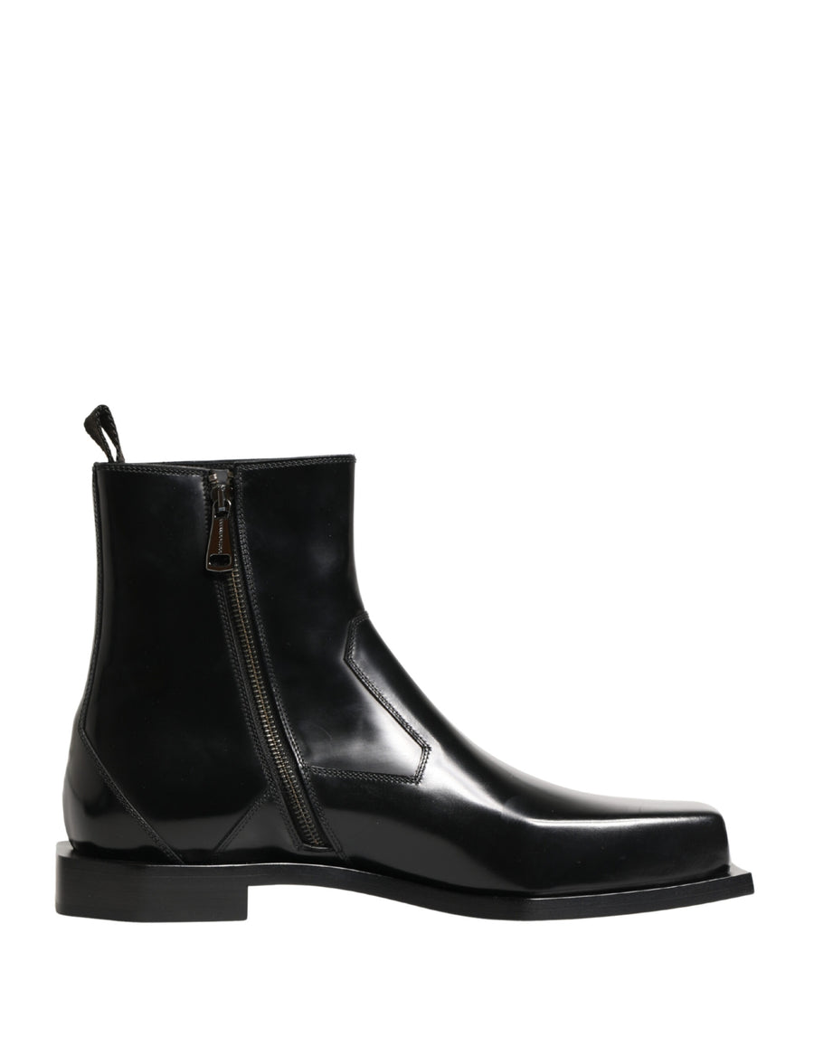 Black Leather Zip Closure Ankle Boots Shoes