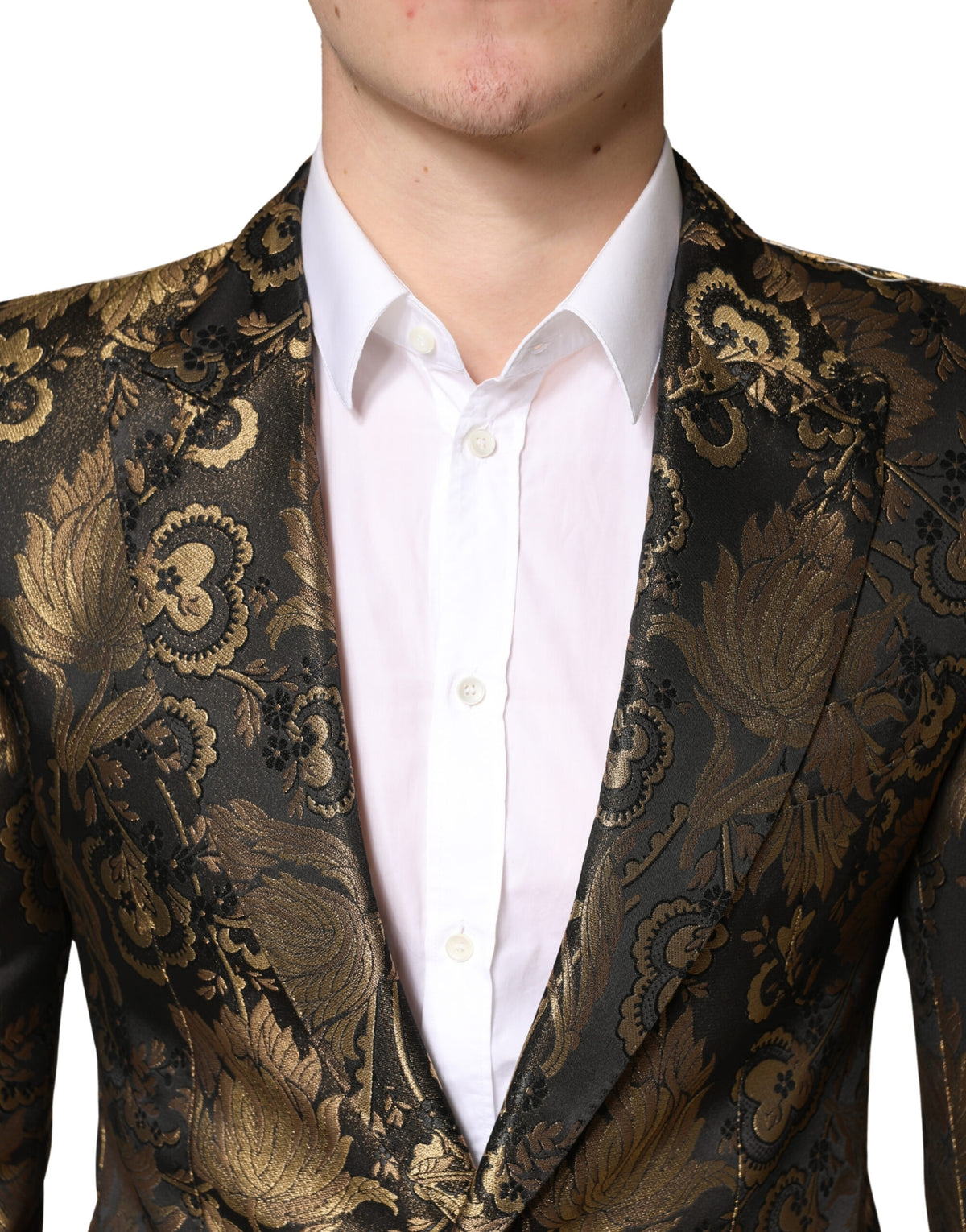 Gold Jacquard Single Breasted Tuxedo Blazer