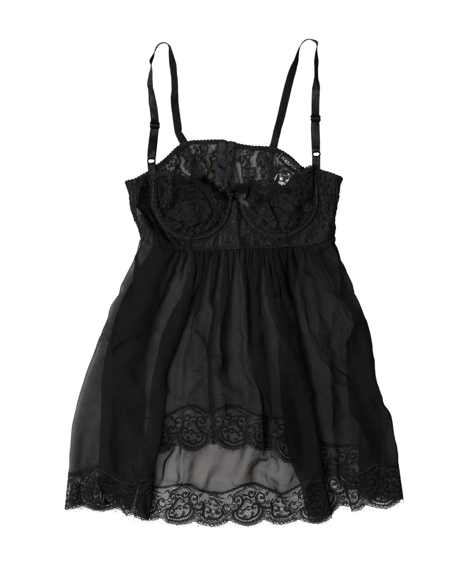 Black Silk Floral Lace Lingerie Top Underwear