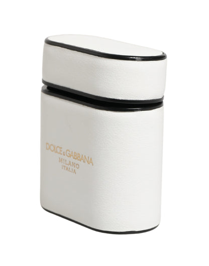 White Calf Leather Logo Print Flip Holder  Airpods Case