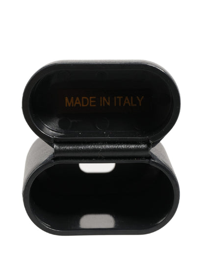 Black Calf Leather Logo Print Flip Holder Airpods Case