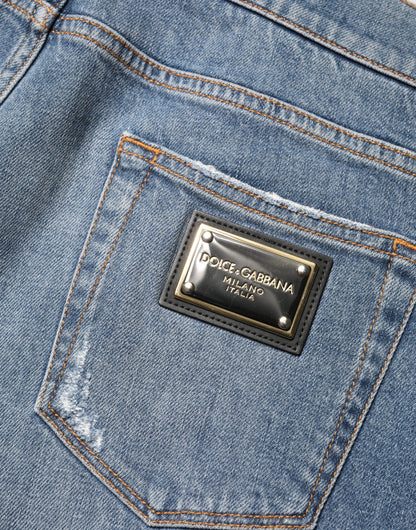Blue Tattered Slim Fit Cotton Denim Jeans