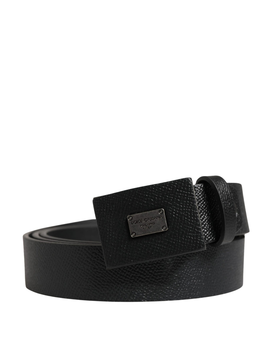 Men Black Calfskin Leather Square Buckle Belt