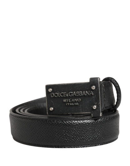 Men Black Calf Leather Logo Metal Buckle Belt