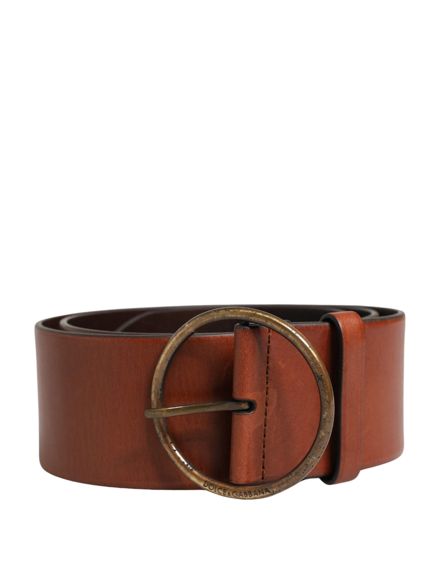 Men Brown Leather Wide Waist Metal Round Buckle Belt