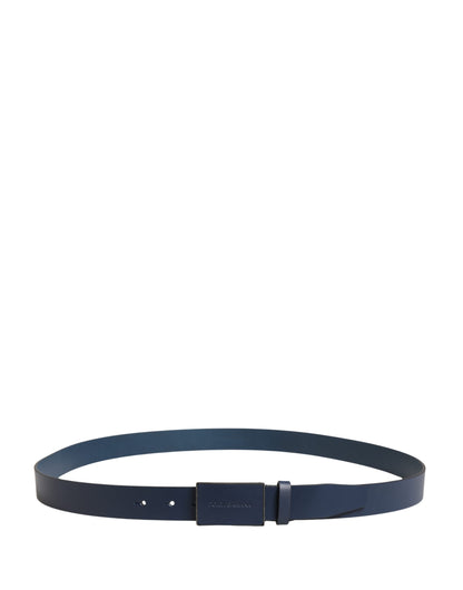 Men Blue Calf Leather Logo Metal Buckle Belt