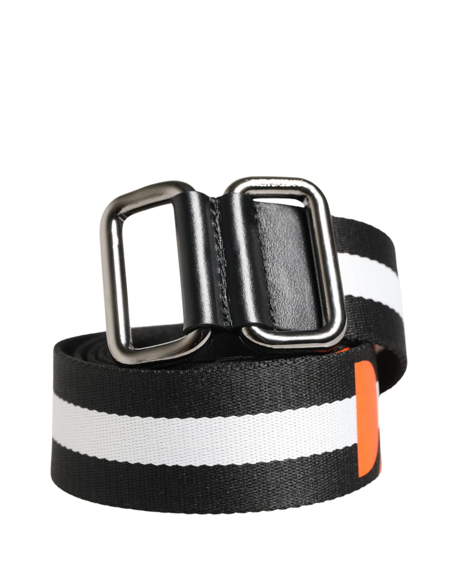Men Black White Nylon Logo Metal Buckle Belt