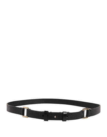 Black Leather Thin Gold Metal Brass Buckle Waist Belt