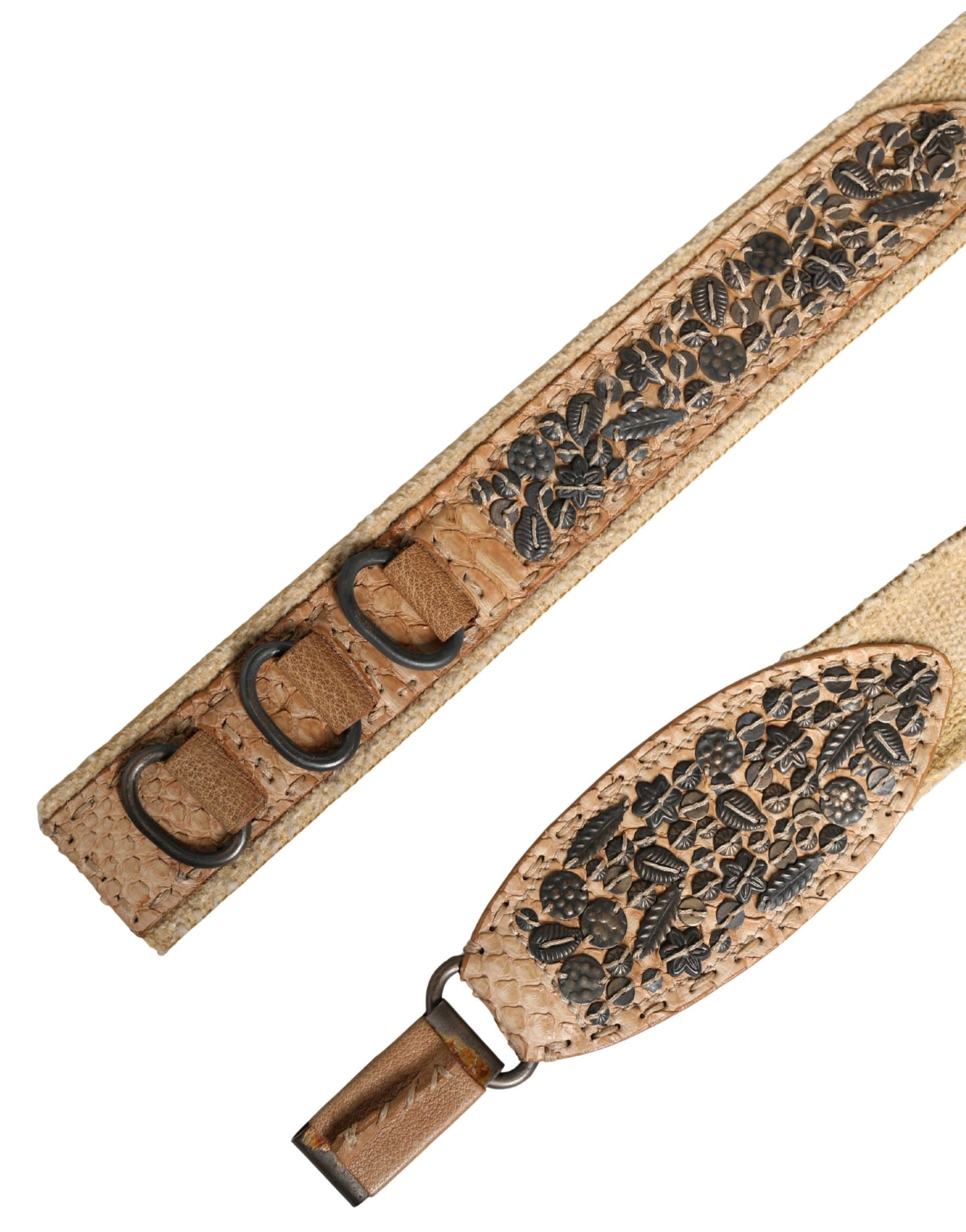Beige Canvas Embellished Metal Buckle Belt