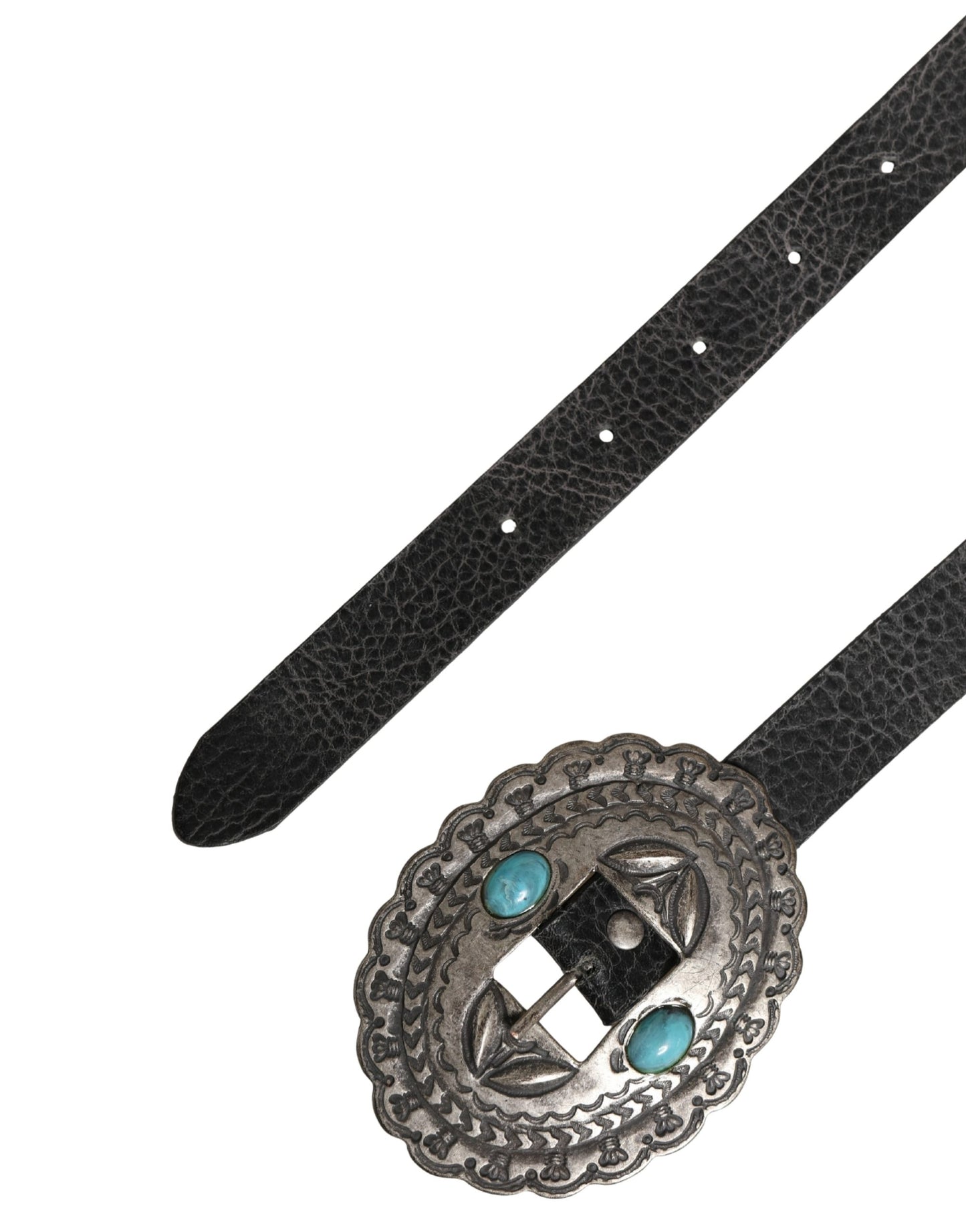 Black Turquoise Leather Embellished Oval Buckle Belt