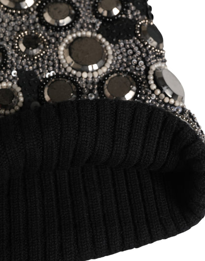 Black Wool Crystal Embellished Balaclava Hat
