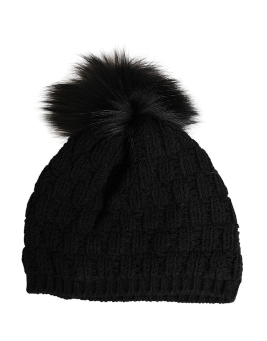 Black Acrylic Knitted Fur Winter Beanie