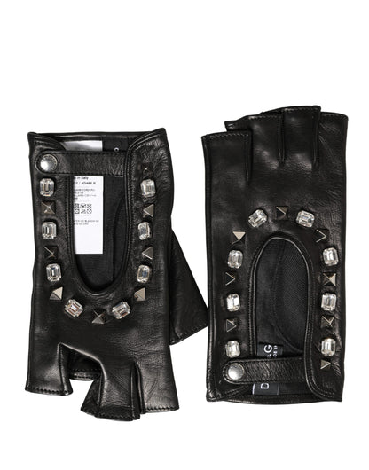 Women Black Embellished Wrist Length Mitten Gloves