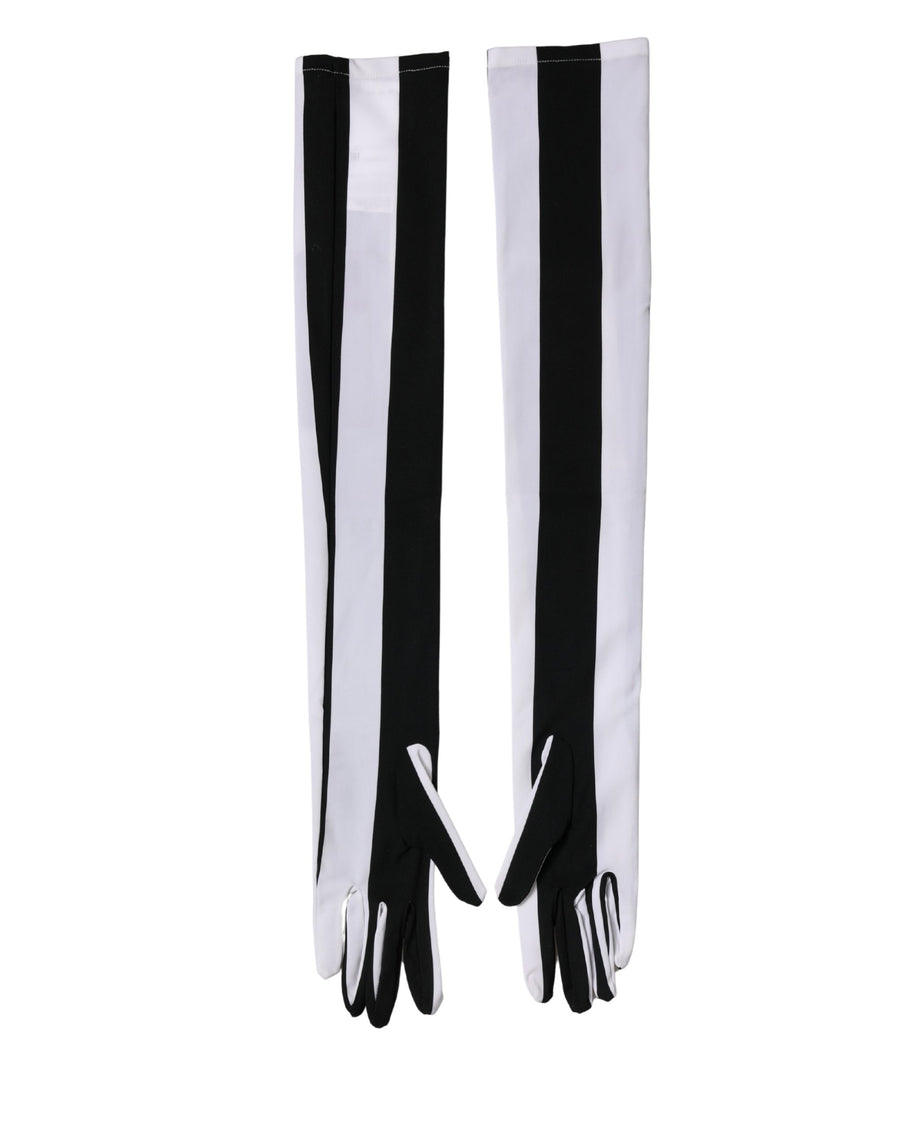 Black White Stripes Nylon Elbow Length Women Gloves