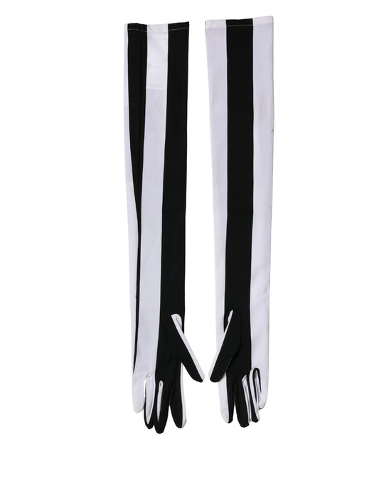 Black White Stripes Nylon Elbow Length Women Gloves