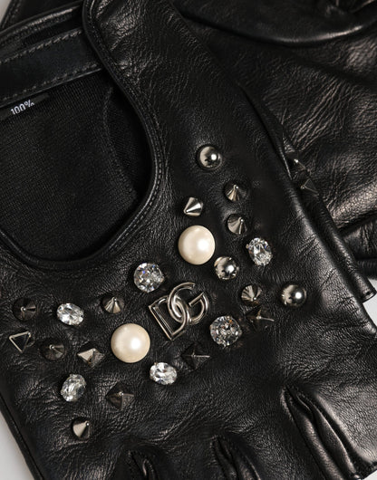 Black Embellished Wrist Length Mitten Women Gloves