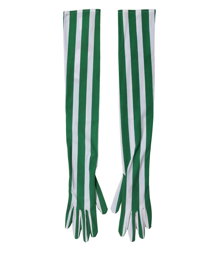 Green White Stripes Nylon Elbow Length Women Gloves