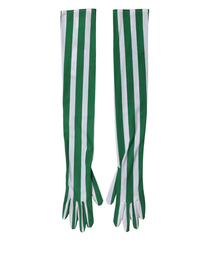 Green White Stripes Nylon Elbow Length Women Gloves