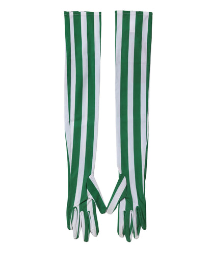 Green White Stripes Nylon Elbow Length Women Gloves