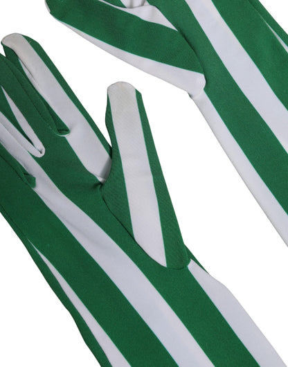 Green White Stripes Nylon Elbow Length Women Gloves