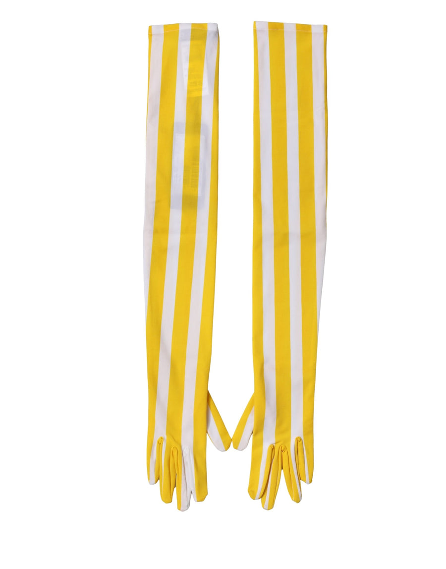 Yellow White Stripes Nylon Elbow Length Women Gloves