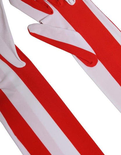 Red White Stripes Nylon Elbow Length Women Gloves