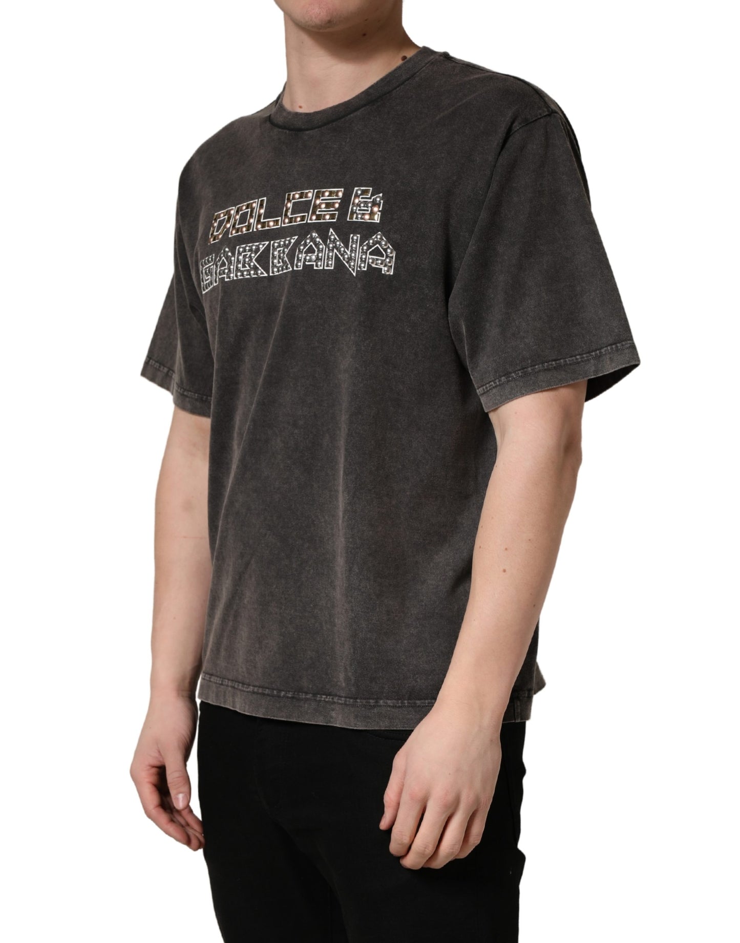 Gray Logo Embellished Men Crew Neck T-shirt