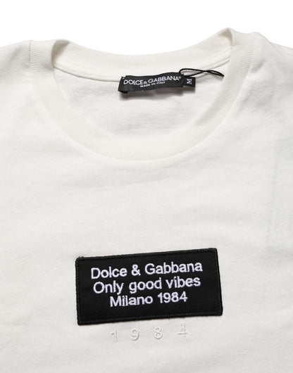 White Logo Patch Cotton Men Crew Neck  T-shirt