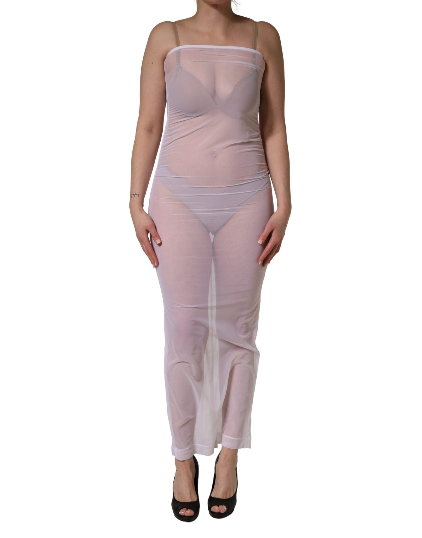White Sheer Nylon Stretch Sheath Maxi Dress