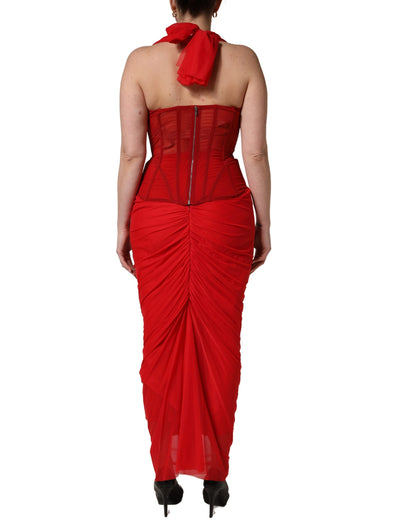 Red Halter Corset Sleeveless Sheath  Dress