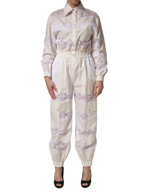 White Cotton Lace Trim Long Sleeves Jumpsuit