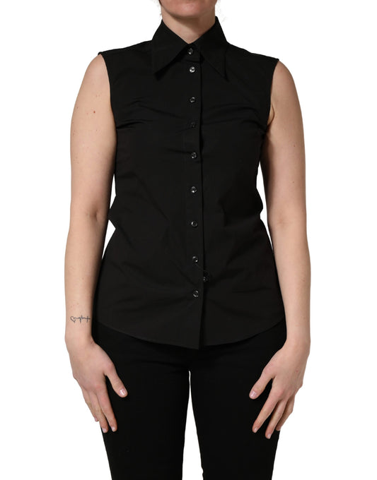 Black Cotton Sleeveless Collared Blouse Top