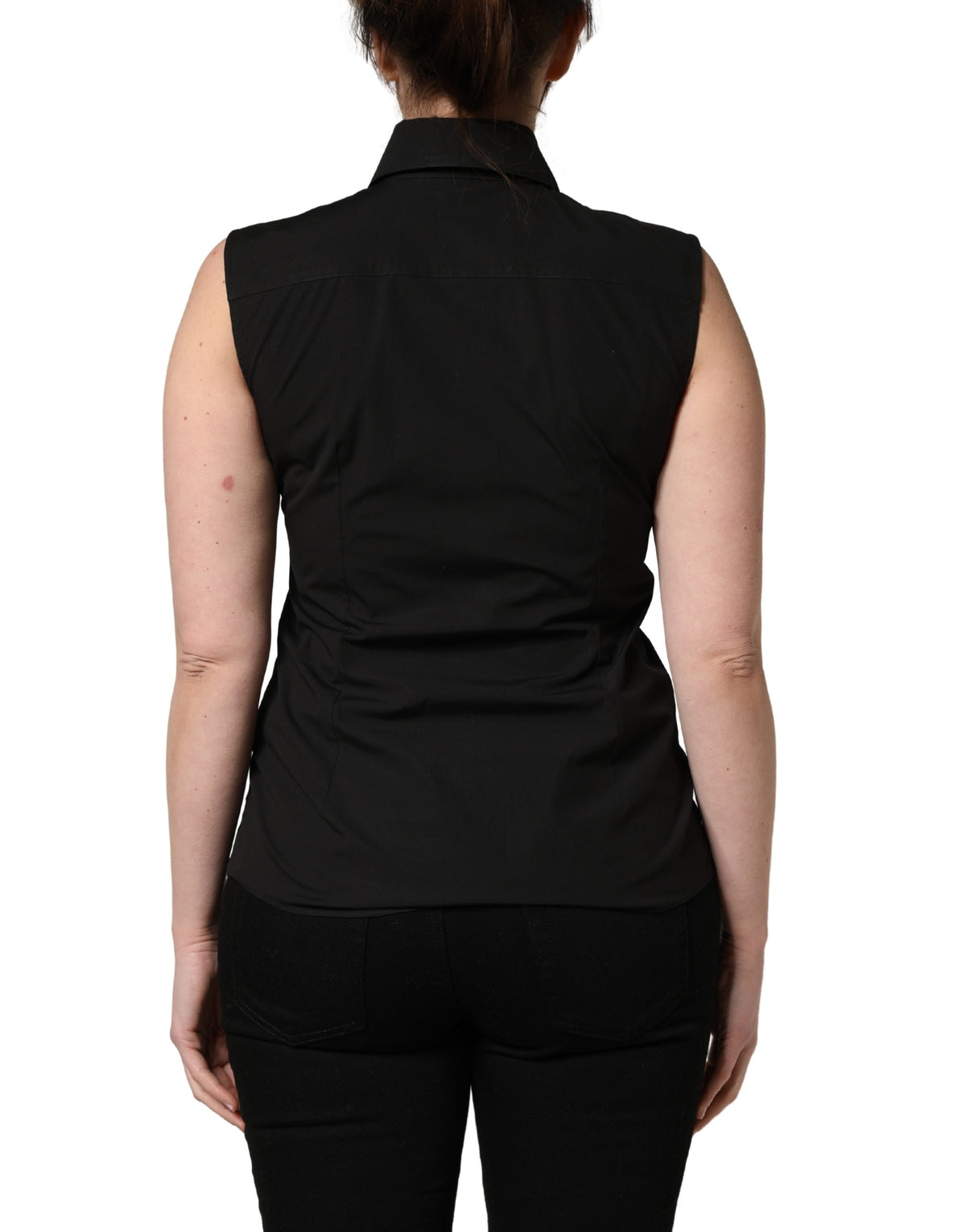 Black Cotton Sleeveless Collared Blouse Top