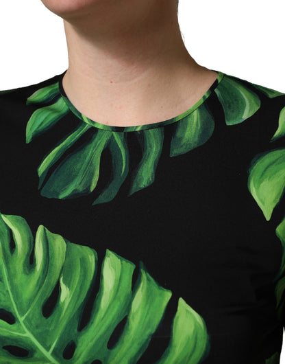 Black Philodendron Print Silk Blouse Top